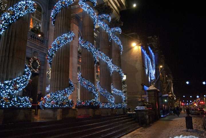 Town hall covered in Christmas lights