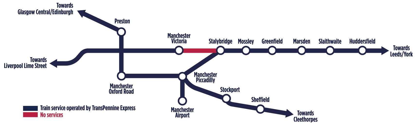 No trains Stalybridge to Manchester Victoria map