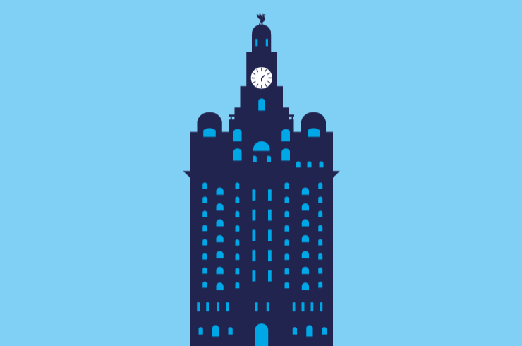 An illustration of a tall building with a clock face and a bird statue on its topmost point, from somewhere on the TransPennine Express network. Click to find out where.