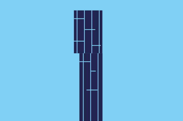 An illustration of a tall and square building with an irregular L-shape and rectangular tiles, from somewhere on the TransPennine Express network. Click to find out where.